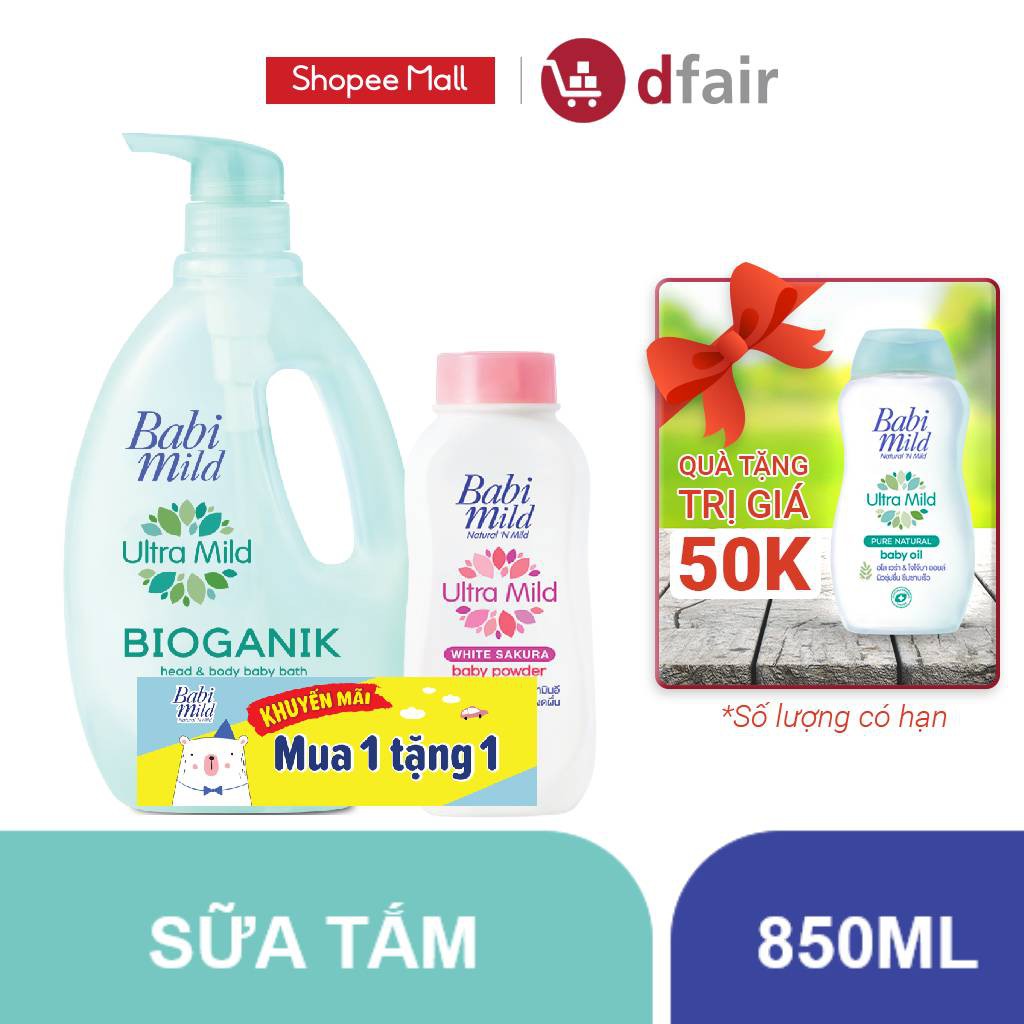 [Mua 1 Tặng 1] Sữa Tắm Em Bé Babi Mild Pure Natural Chai 850ml  Tặng Phấn Thơm  Pure Natural 180G - 100983119