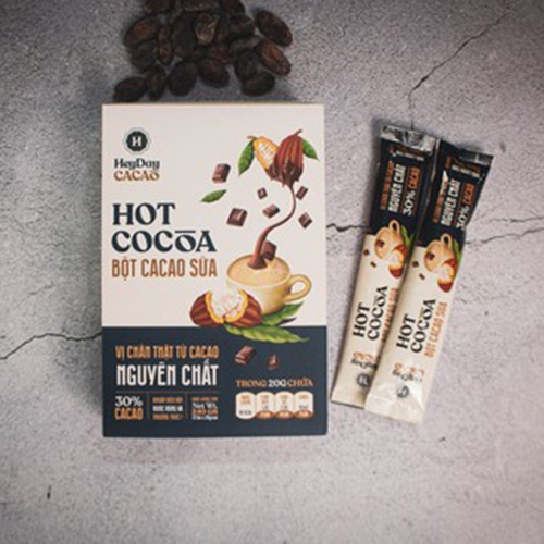 Combo Hộp 12 gói tiện lợi bột cacao sữa Heyday và Bột cacao nguyên chất dòng Origin thượng hạng túi 250g