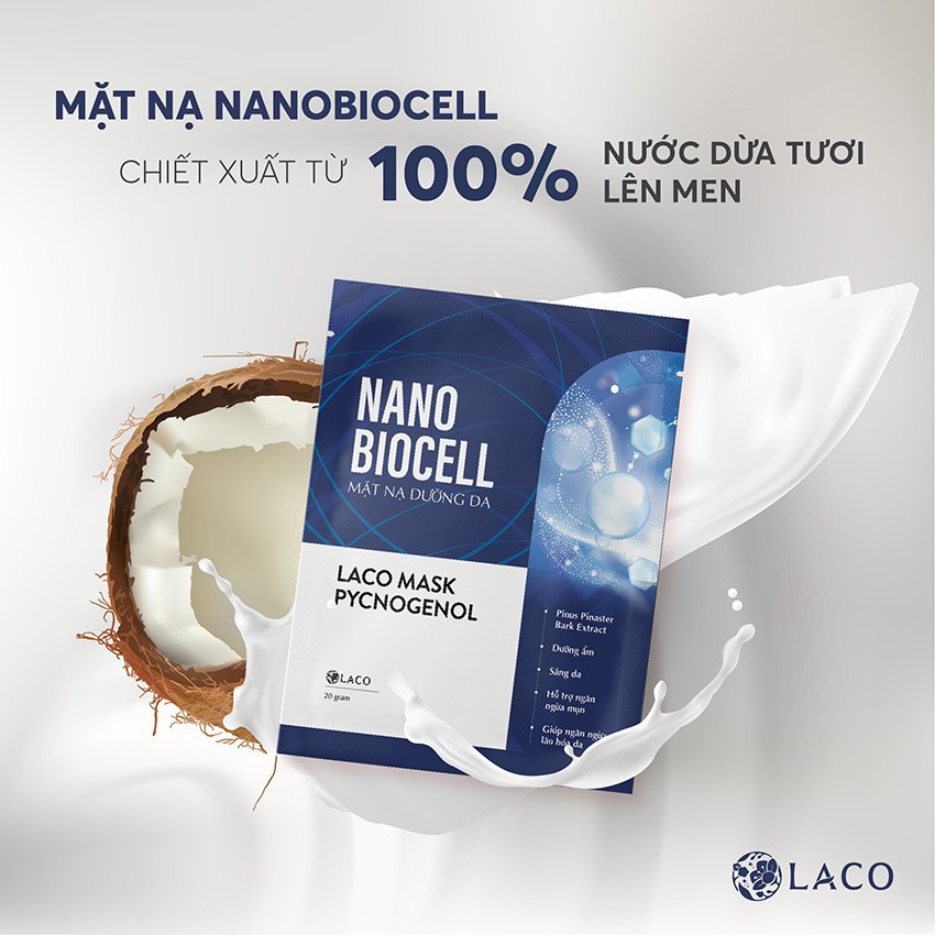 Mặt nạ dưỡng da Laco NANO BIOCELL lên men từ nước dừa tươi nguyên chất da căng bóng trắng hồng, Nạ dưỡng da sinh học 10g