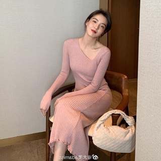Váy len body đuôi cá cổ cut out thời trang, váy len dáng dài nữ Quảng Châu cao cấp