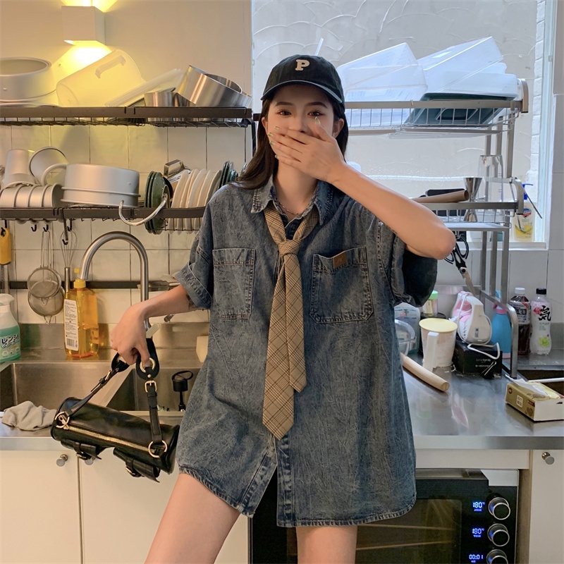 Áo Sơ Mi Denim Tay Ngắn Dáng Rộng Phối Túi Thời Trang Mùa Hè Cho Nữ