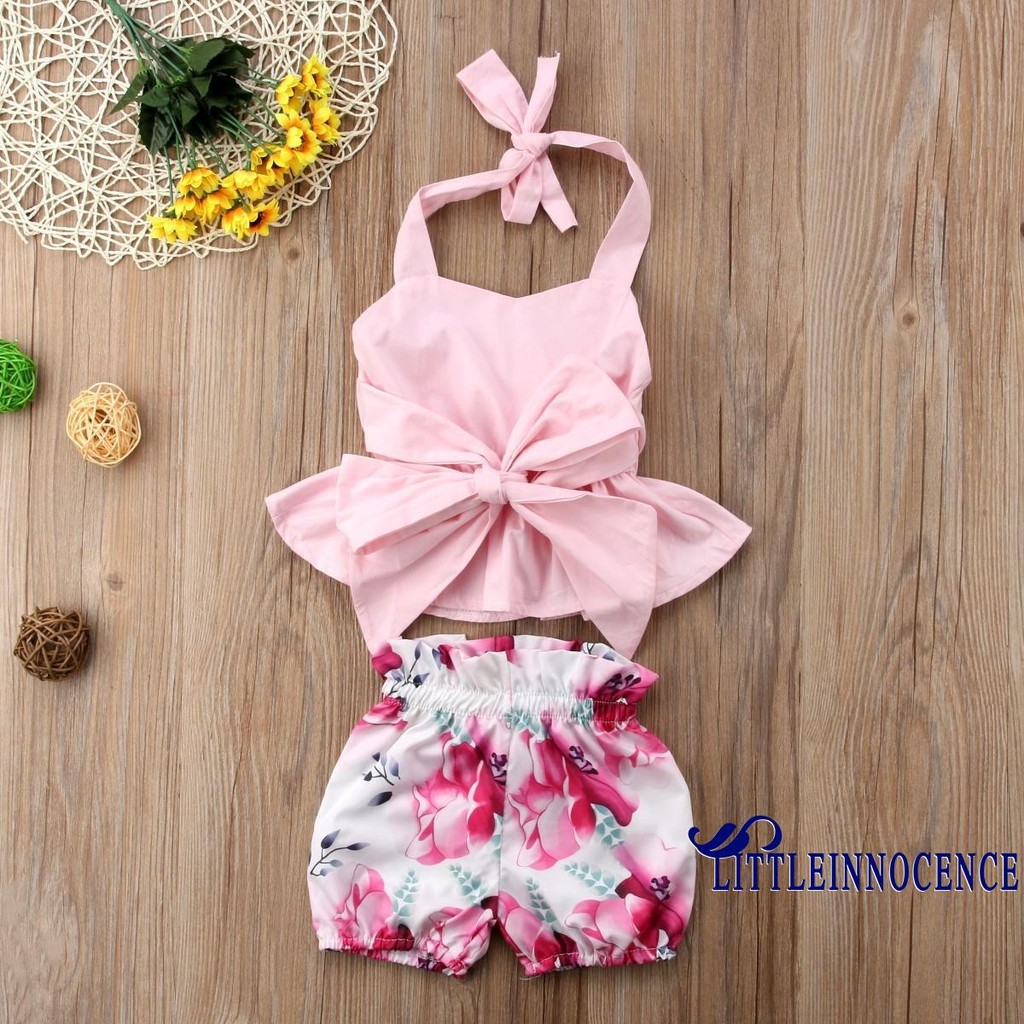 Set áo yêm cột nơ + quần ngắn in hoa dễ thương cho bé gái