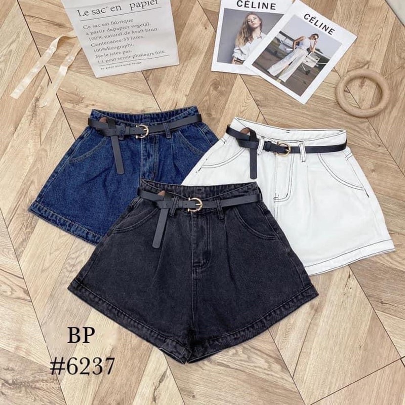 QUẦN SHORT BÒ KÈM ĐAI GẤP GẤU ỐNG RỘNG CẠP CAO QUẢNG CHÂU MS25661