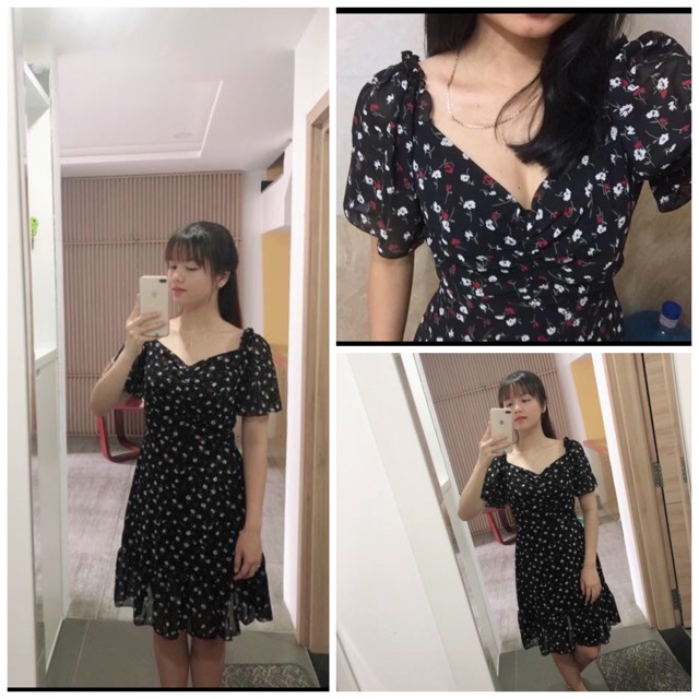 (ẢNH THẬT KHÁCH MẶC)đầm hoa nhí tay phồng xinh xắn xòe nhẹ đuôi cá mặc được 2 kiểu | BigBuy360 - bigbuy360.vn