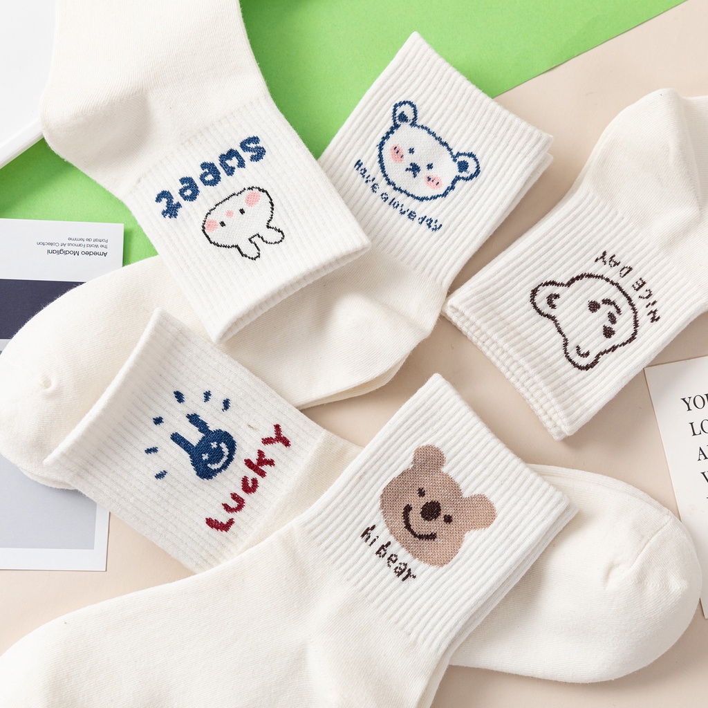 Tất Vớ Cổ Ngắn Nữ Tone Trắng Họa Tiết Gấu Xinh Vải Cotton
