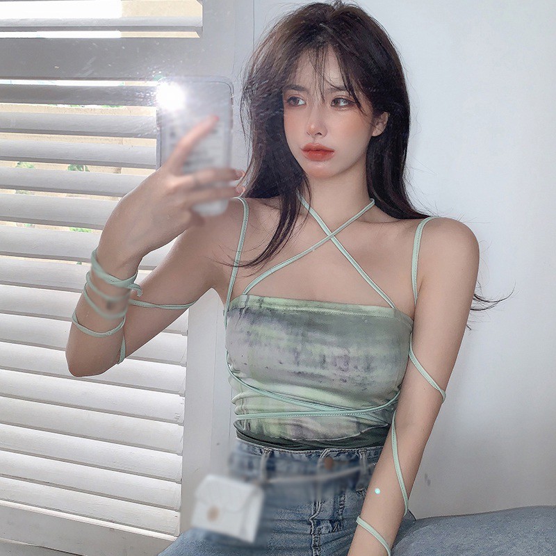 Áo croptop dáng ôm hở rốn nhuộm màu loang thời trang quyến rũ cho nữ