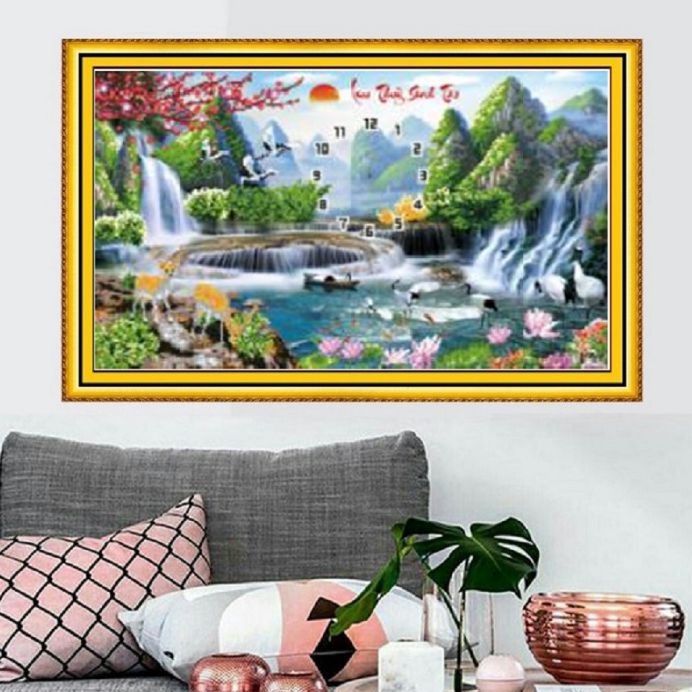 Tranh thêu chữ thâp , thêu 3d, tranh đá đồng hồ lưu thủy sinh tài Lv3333, VS199