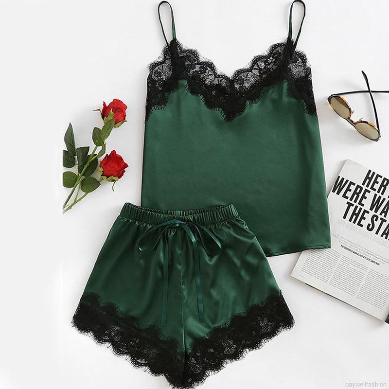 [Baywellfashion]Set đồ ngủ áo dây sát nách phối ren hoa + quần sọt | BigBuy360 - bigbuy360.vn