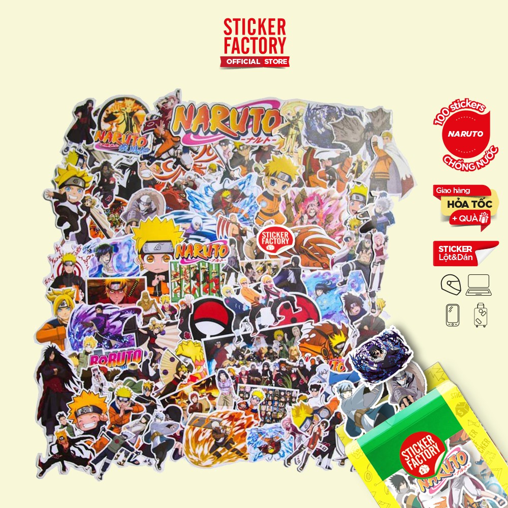 Naruto - hộp set 100 sticker decal hình dán nón bảo hiểm , laptop, xe máy, ô tô - STICKER FACTORY