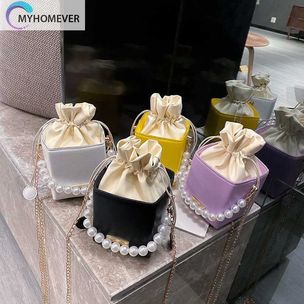 Túi Xách Dây Rút Da Pu Đính Hạt Ngọc Trai Cho Nữ