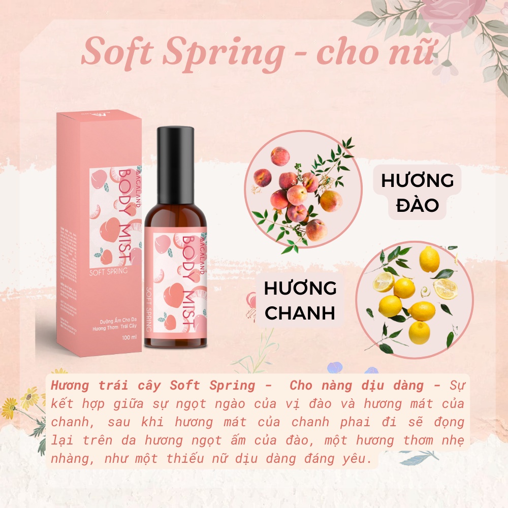 Body Mist đào Soft Spring MACALAND 20ml/100ml hương trái cây đào ngọt ngào tươi mát