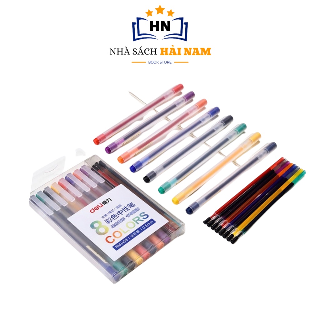 Bút gel nhiều màu DELI 8 màu kèm 8 ống mực thay thế 0.5mm 33160