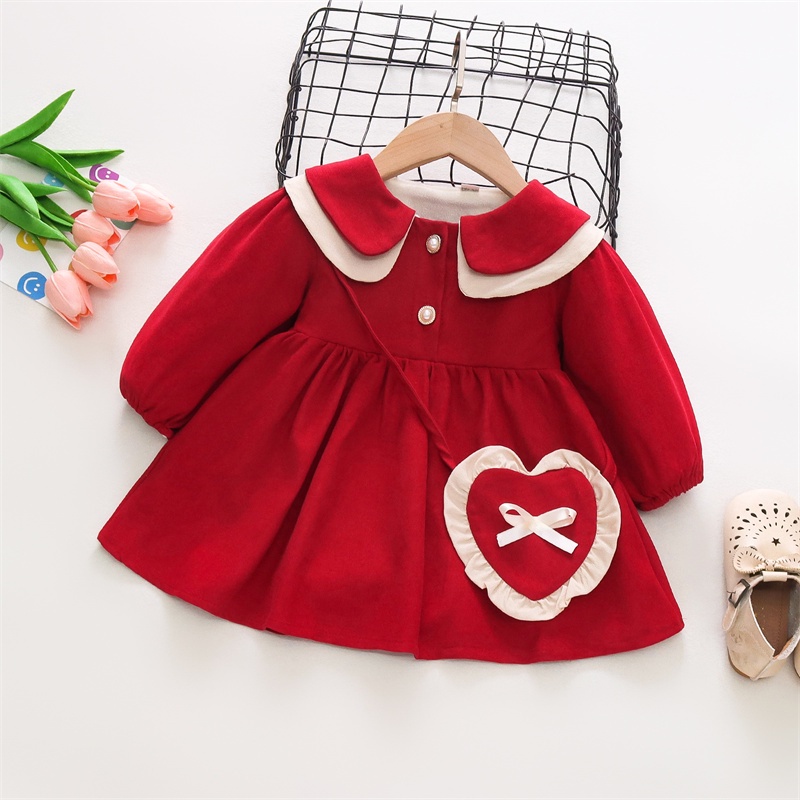 Đầm Cotton Thu Đông Tay Dài Cổ Búp Bê Màu Đỏ / Hồng Phong Cách Hàn Quốc Cho Bé Gái 0-3 Tuổi