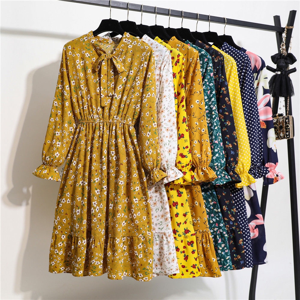 Đầm Chiffon Xếp Ly Lưng Thun Tay Dài Thắt Nơ In Họa Tiết Hoa Mẫu Mới 2022