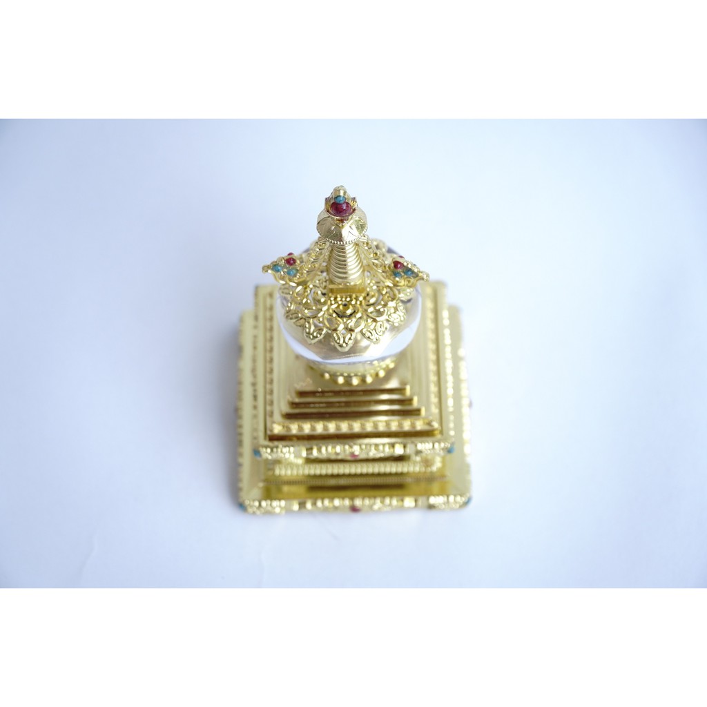 Tháp xá lợi kinh luân Tây Tạng xoay PIN khối pha lê đồng mạ vàng cao cấp - Cao 15cm + Tặng PIN và đế đặt xe ô tô