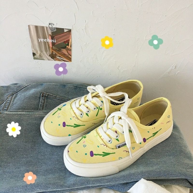 6:30PM Order Mã 044 Giày sneaker ulzzang dáng vans basic màu vàng pastel họa tiết hoa nhí floral vibes