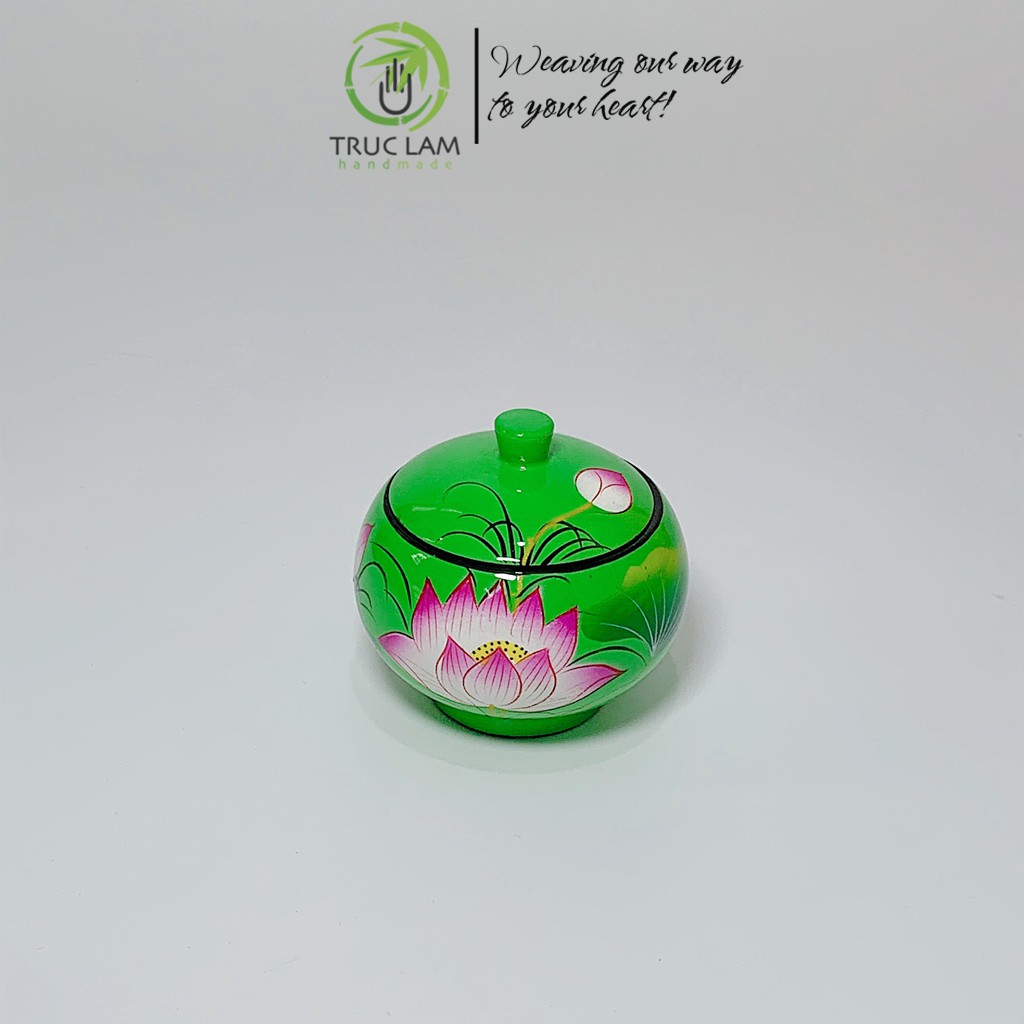 Hộp Sơn Mài Hình Hũ Tròn Trang Trí Họa Tiết Vẽ Tay Hình Bông Sen - Trúc Lâm Handmade
