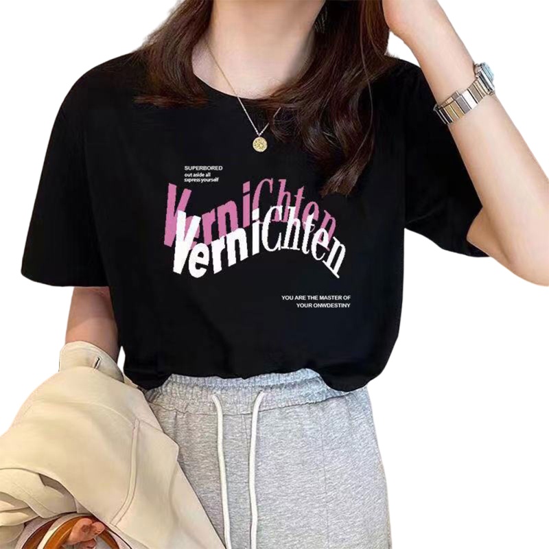 Áo Thun Tay Ngắn Cổ Tròn Dáng Rộng In Chữ Thời Trang Cho Nữ