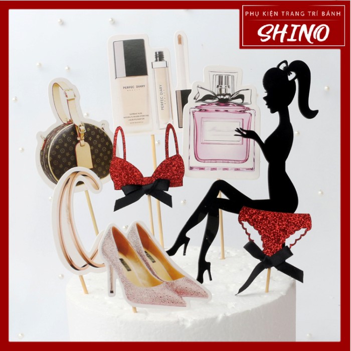 Topper/que cắm cô gái và phụ kiện đi tiệc trang trí bánh