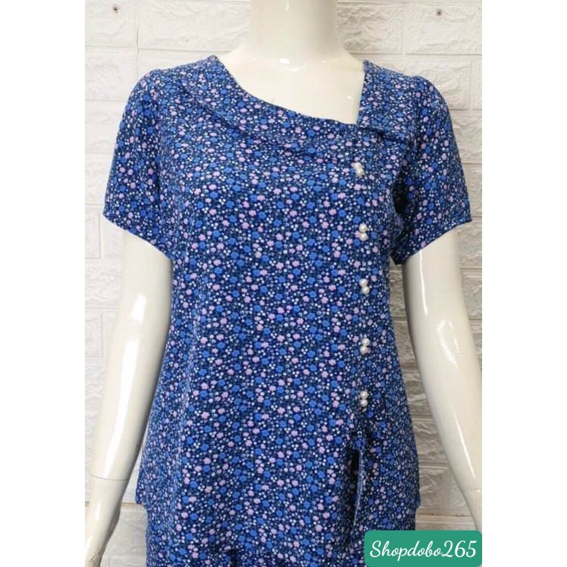 Đồ bộ nữ,đồ ngủ mặc nhà lửng 9 tấc vải lụa hoa nhí cổ lệch đính cườm dễ thương.