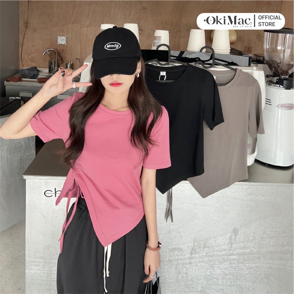 Áo thun nữ OKIMAC tay ngắn cổ tròn tay ngắn rút eo vạt nhọn thun cotton phong cách ulzzang thời trang nữ