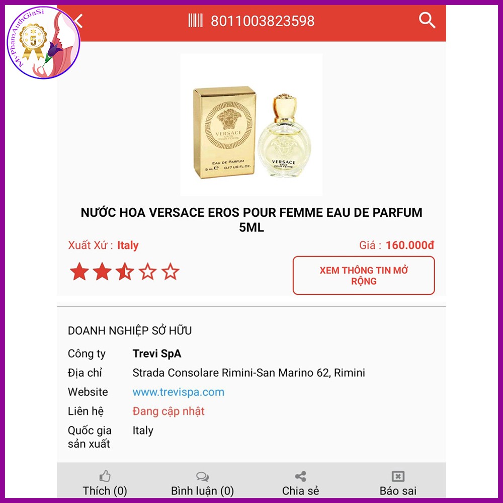 Nước hoa mini versace eros pour femme eau de parfum 5ml | Thế Giới Skin Care