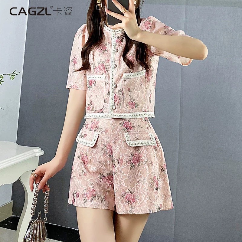 SET ÁO HOA HỒNG VIỀN HẠT + QUẦN SHORT VIỀN