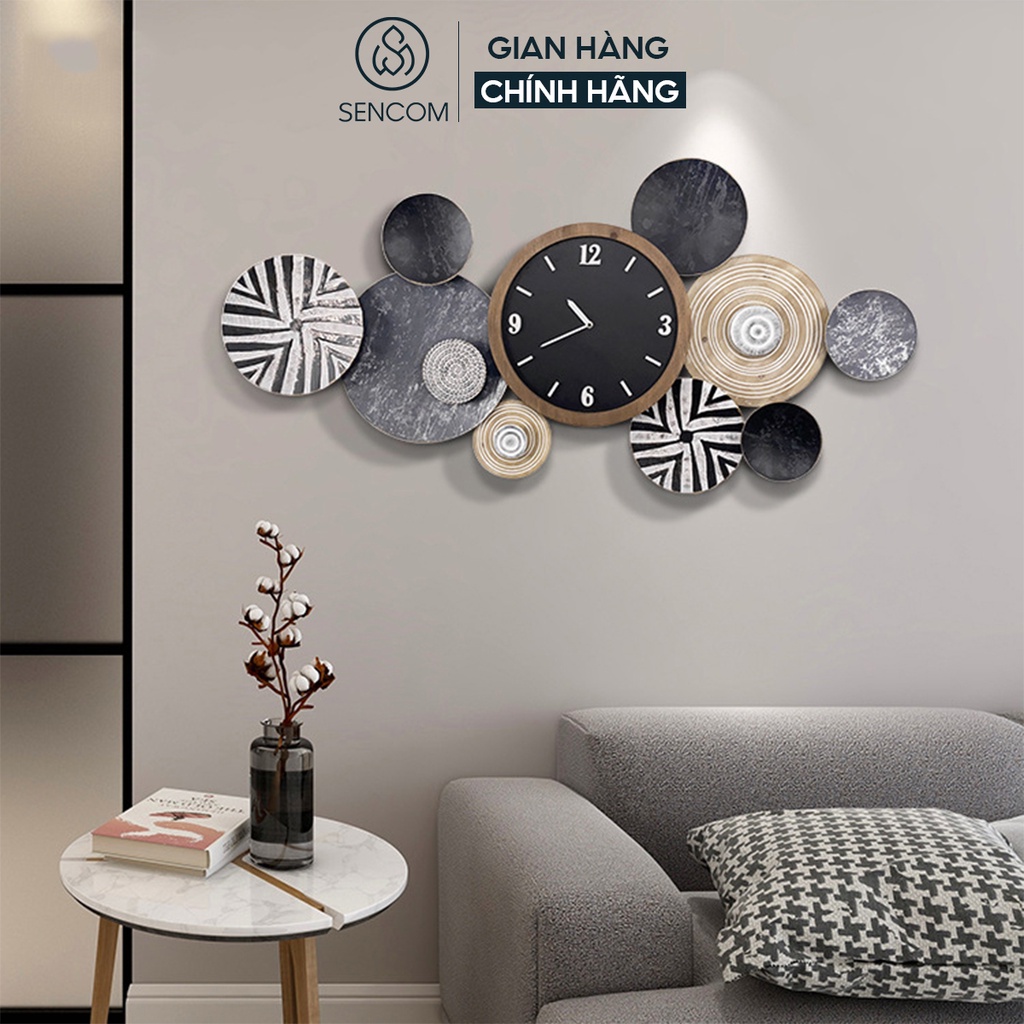 Tranh sắt treo tường nghệ thuật đồng hồ to mặt đen SENCOM đồ vật decor trang trí nhà cửa mã B106