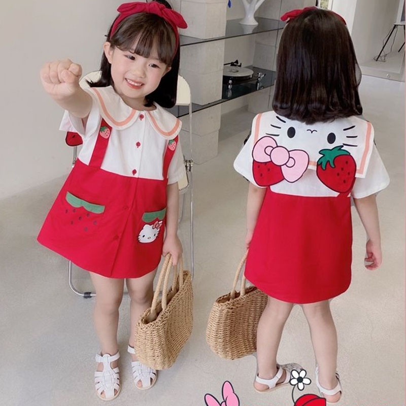 Đầm Cổ Thủy Thủ Dáng Suông Họa Tiết Dâu Tây Hoạt Hình Đáng Yêu Thời Trang Mùa Hè Cho Bé Gái