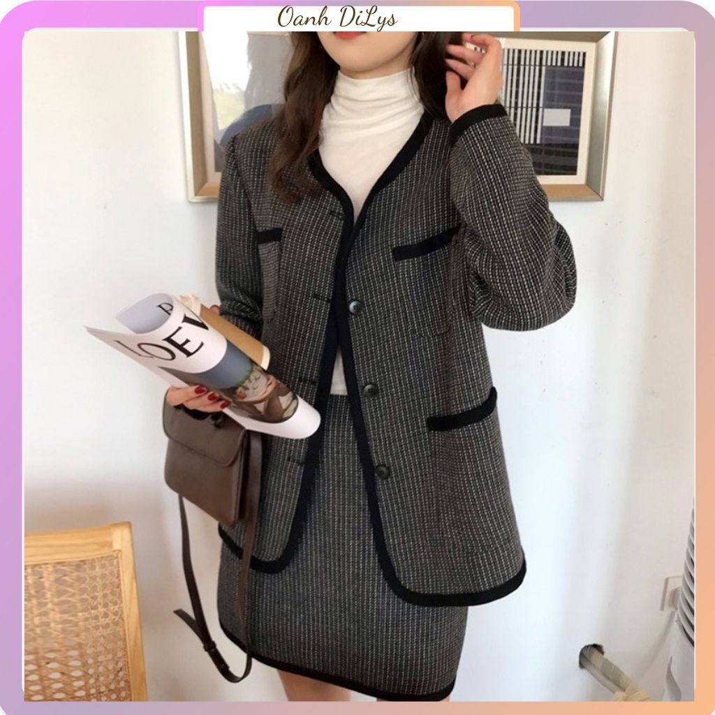 Áo dạ tweed kết hợp chân váy dạ, áo khoác cổ tròn họa tiết kẻ sọc thời trang sang trọng phong cách Hàn Quốc 2021
