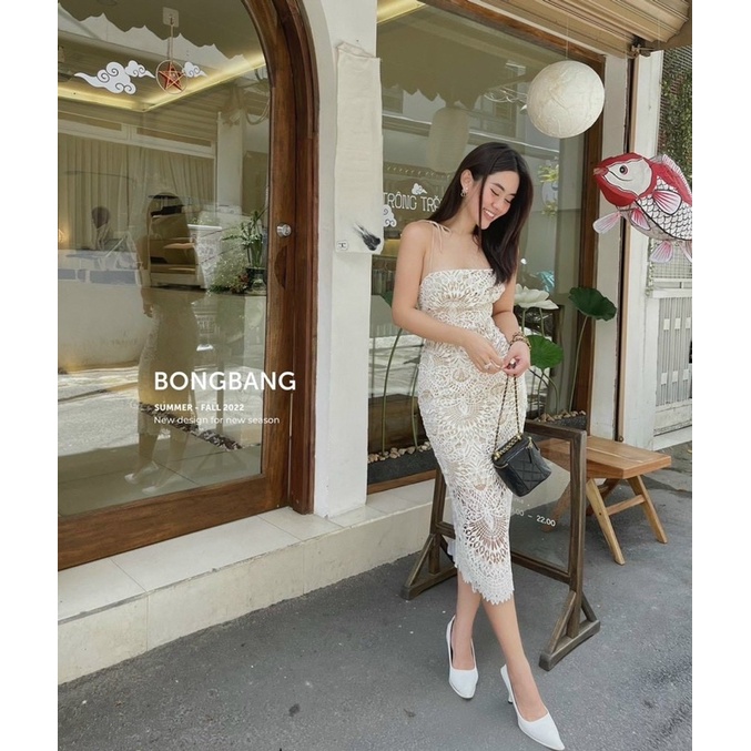 Đầm ren kem body loe dáng dài cổ yếm dây đan lưng Đầm váy đi chơi dạo phố dự tiệc sang trọng quý phái hotgirl tk sexy