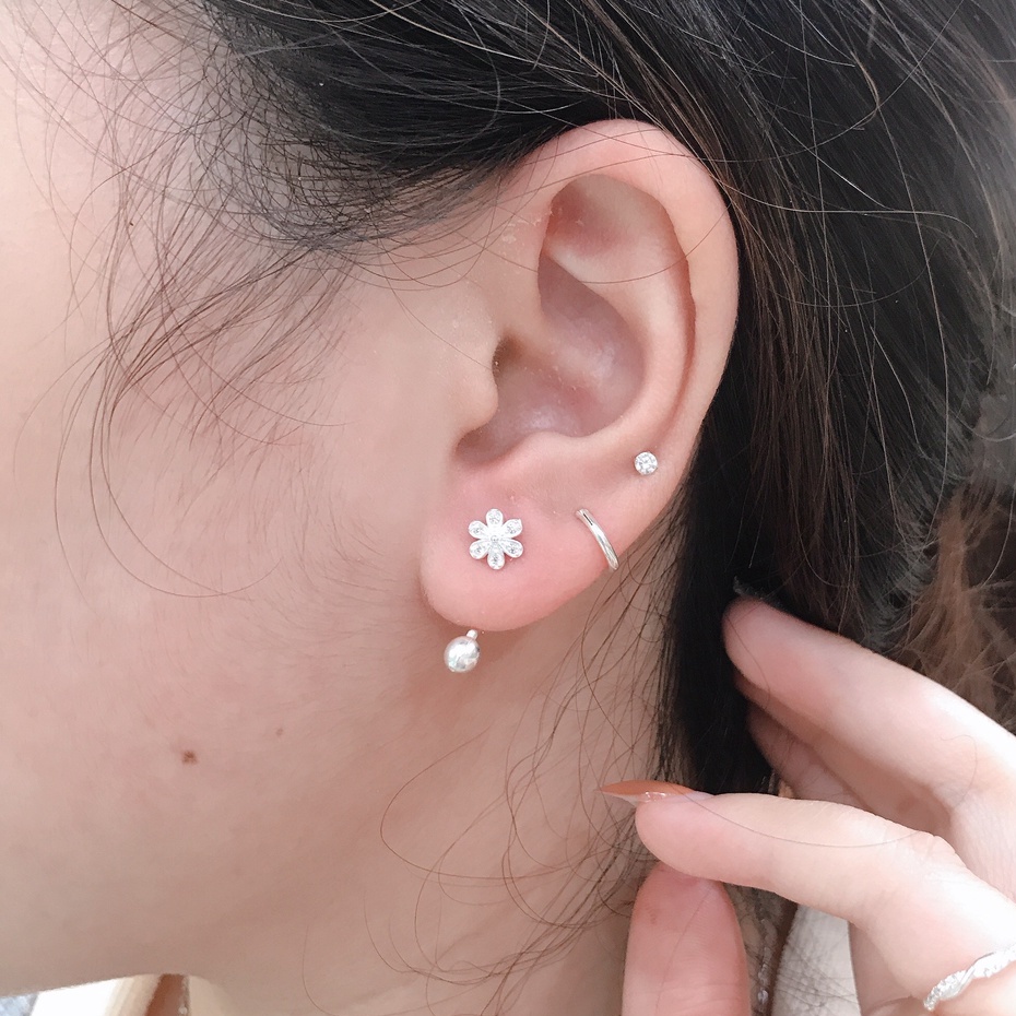 Bông Tai Bạc Ta CaoBac Jewellery Cho Nữ Đính Đá Thiết Kế Hình Hoa Đá Chốt Bi Cong Xoắn