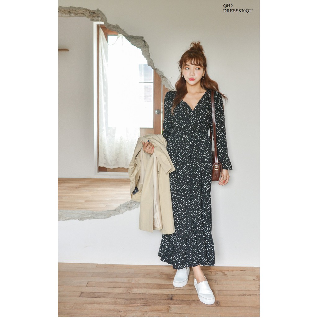 DRESS744 ĐẦM MAXI TAY DÀI CHẤM BI