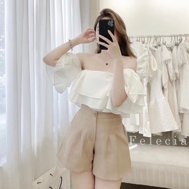 Set áo tay bèo quần đùi xếp ly nữ 💖FREESHIP💖 Áo trễ vai mix quần short nữ tiểu thư AD168