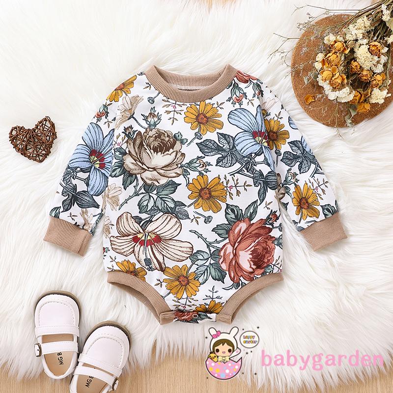 Áo Liền Quần Dài Tay Cổ Tròn In Hoa Thời Trang Mùa Thu Cho Bé Gái 0-24 Tháng Tuổi