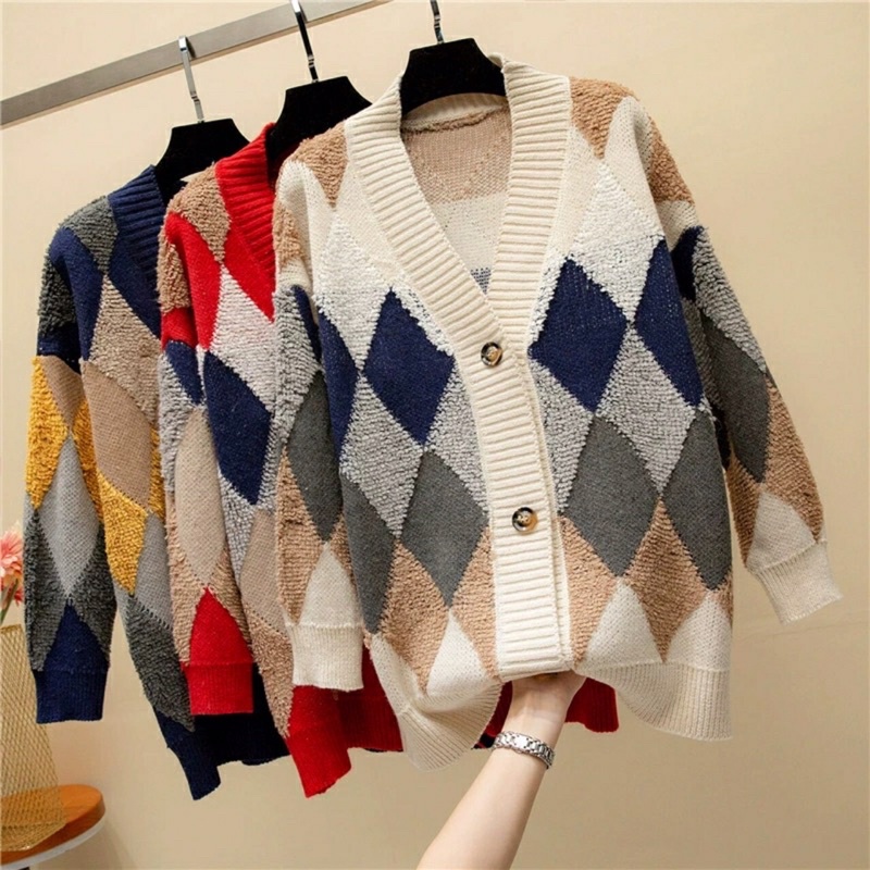 Áo khoác cadigan len lông hoạ tiết trám