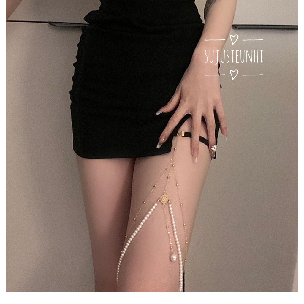 vòng choker chuỗi ngọc tua dài 2 lớp đeo đùi (co giãn thoải mái)