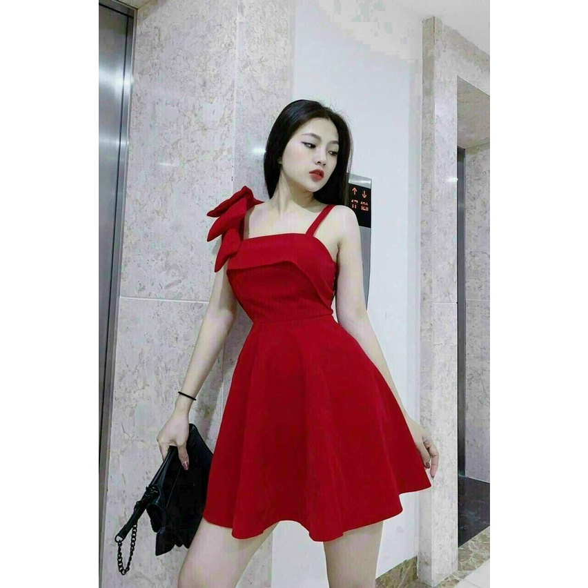 Đầm Nữ Đẹp ⚡𝙎𝙄𝙀̂𝙐 𝙎𝘼𝙇𝙀⚡ Đầm Xòe Thiết Kế 1 Dây kết Nơ Vai Chất Vải Co Dãn - 72053