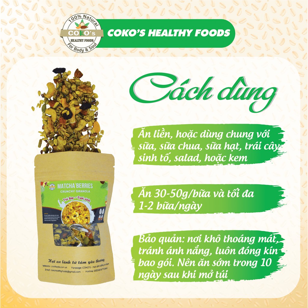 Ngũ Cốc Granola Ăn Kiêng Matcha Berries Gói 400gr COKO'S FOOD, Ngũ Cốc Dinh Dưỡng Hảo Hạng