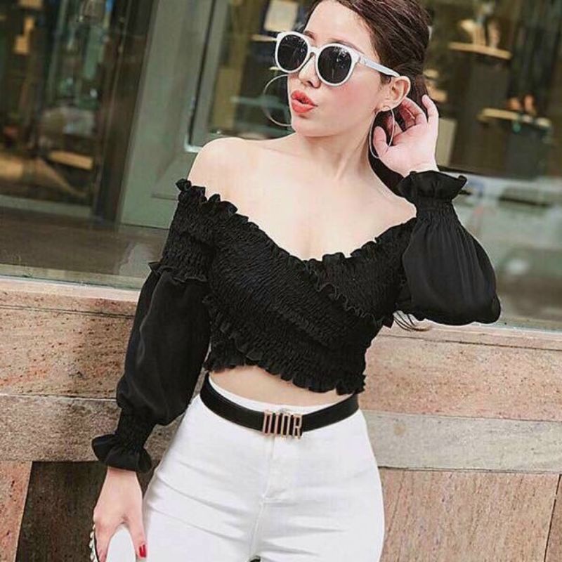 Áo bẹt vai chéo ngực tay bo cực xinh xắn A15