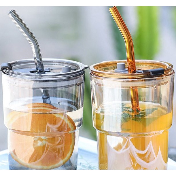 Cốc Thuỷ tinh kèm BAO DA Có Nắp Và Ống Hút Dung Tích 450ml