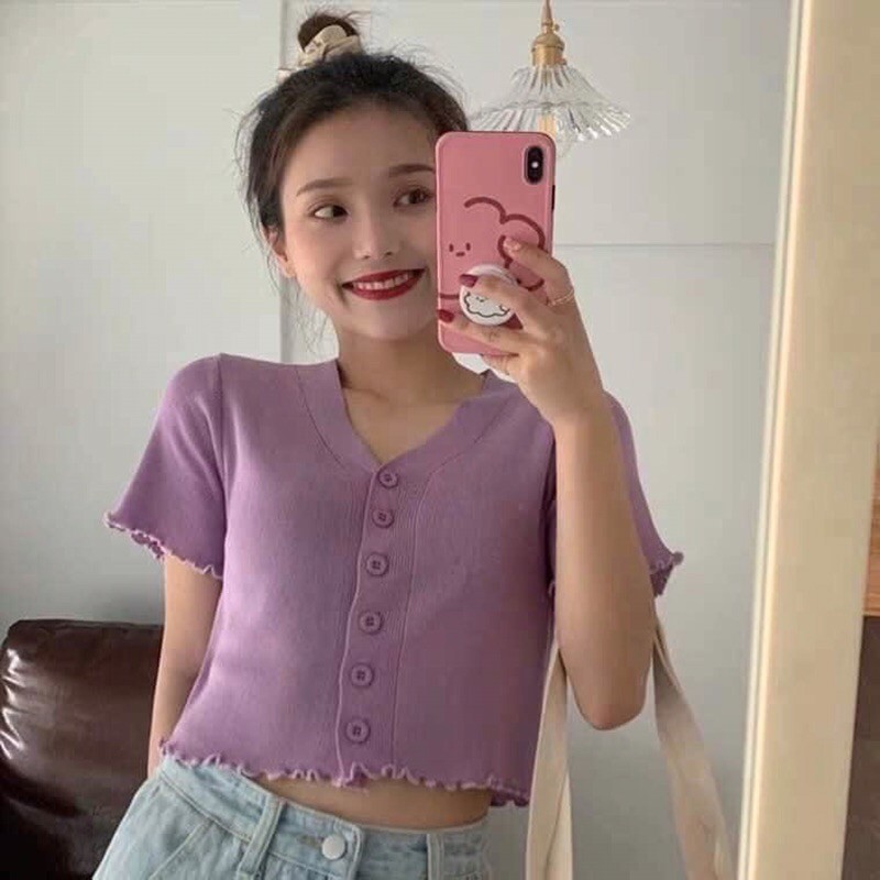 Áo croptop len mông cộc tay viền bèo 6 cúc (khuy) 1099#
