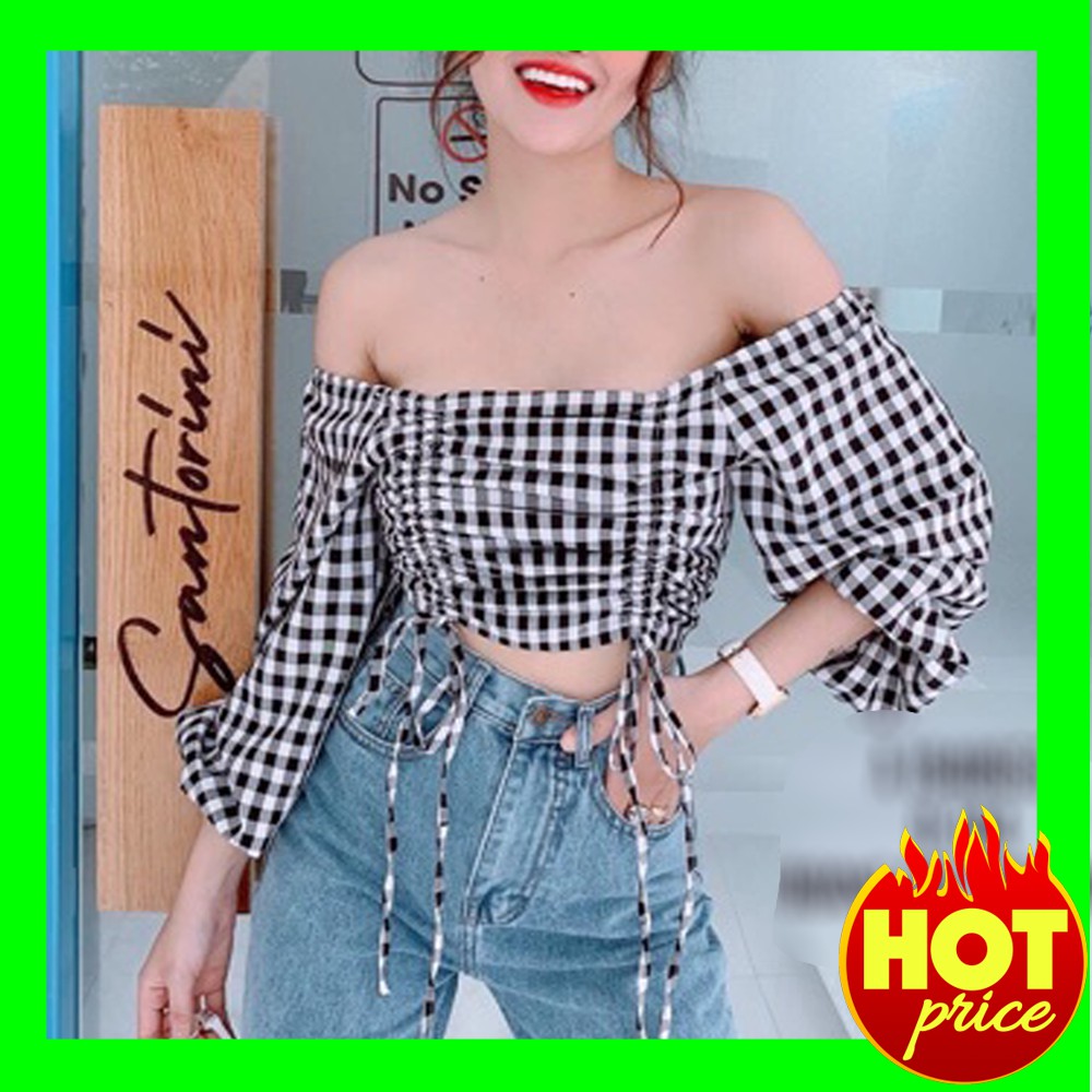 Áo kiểu croptop kate caro cổ rộng rút dây HÌNH THẬT TRẢI SÀN