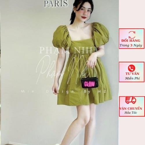 Váy babydoll thô nữ xanh tay phồng tiểu thư cổ vuông nơ lưng ulzzang Hàn Quốc