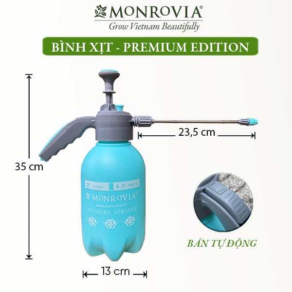 Bình xịt tưới cây MONROVIA 2 lít, phun sương tưới cây cảnh, vòi dài, tặng vòi ngắn, cần bán tự động, tiêu chuẩn Châu Âu