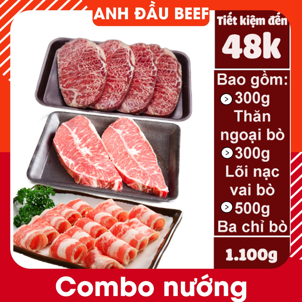 Combo nướng gia đình 2 (thăn ngoại+lõi nạc vai+ba chỉ bò)- 100% thịt nhập khẩu ~ 1kg - Anh Đầu Beef - Giao hàng nhanh 2h