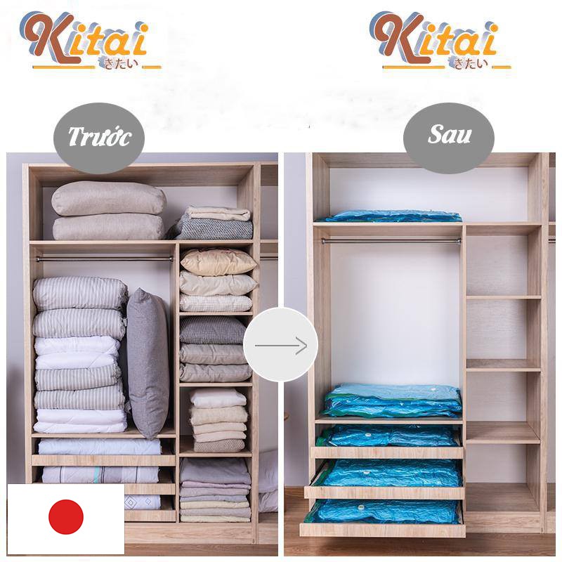 Túi chân hút chân không Kitai KT033 của Nhật Bản đựng quần áo, chăn màn, mền gối cho gia đình cỡ lớn kích thước 80x100cm