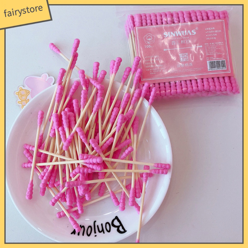 Bộ 100 tăm bông tẩy trang thiết kế 2 đầu màu hồng
