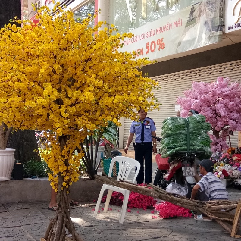 1 CÀNH HOA MAI ĐÀO GIẢ 5 NHÁNH CAO 1M - TRANG TRÍ TẾT