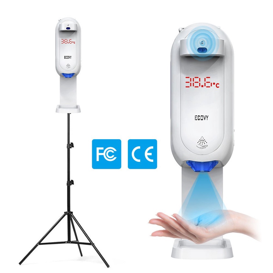 Bộ máy xịt cồn cảm ứng có đo nhiệt độ trán ECOVY  L5 PLUS, Chân đứng 3 chân loại tốt.